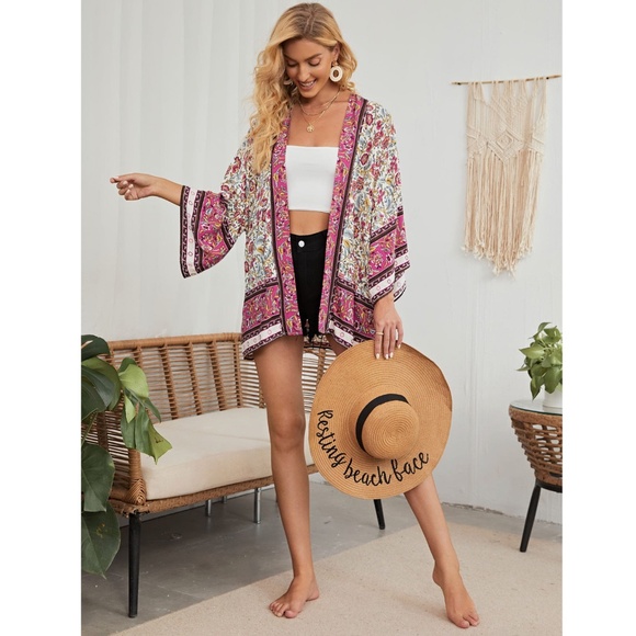 Floral Boho Kimono Style Open Coverup Batwing Sleeve - Picture 12 of 14